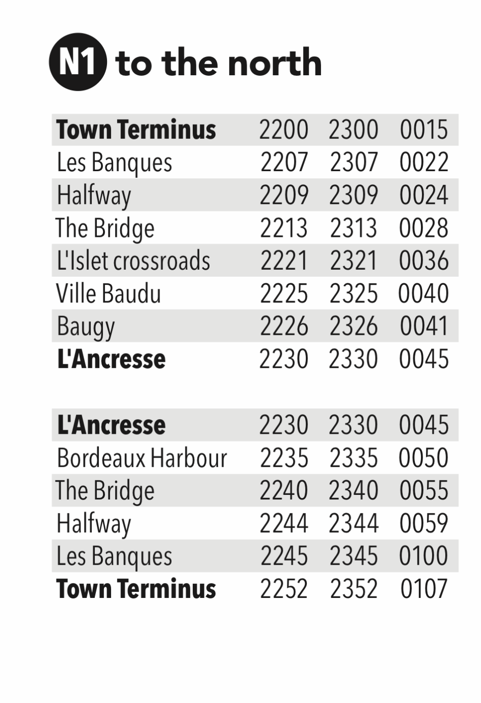 Night bus timetable