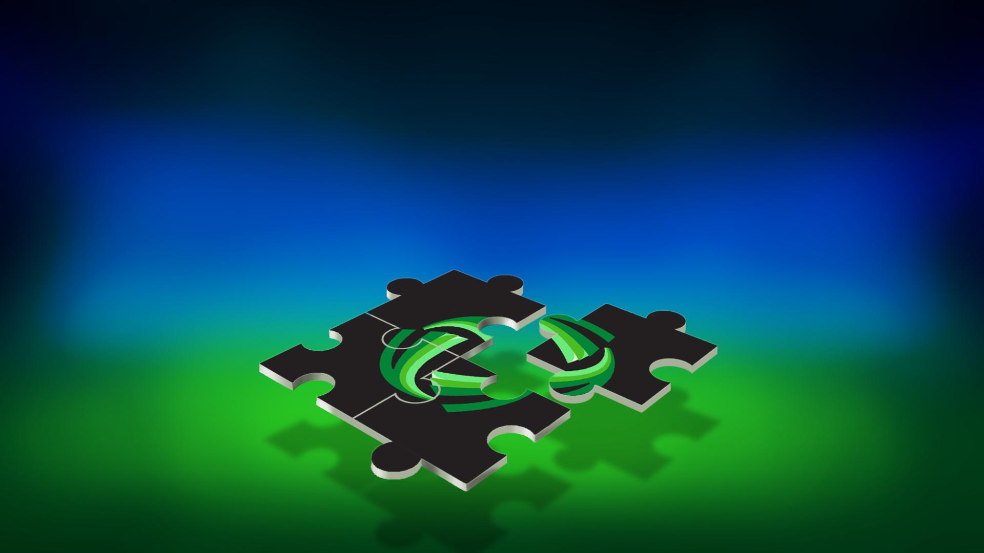 The image features two black puzzle pieces against a gradient background transitioning from dark blue at the top to bright green at the bottom. Overlapping the puzzle pieces are three intertwined, green, neon-like circular elements, the Victoria Park Logo